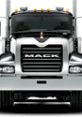 Front view of a sleek Mack semi-truck, showcasing its powerful design and iconic horn features. Ideal for trucking enthusiasts.