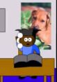 Character pondering over a book with a dog poster, capturing the essence of "Kerpal: You Kicked My Dog" gameplay humor.