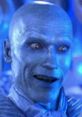 Mr. Freeze character with icy blue skin and sinister expression, portrayed by Arnold Schwarzenegger in a film.