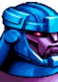 Close-up of a blue Sentinel head from "X-Men: Children of the Atom," showcasing its robotic features and menacing eyes.