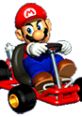 Mario racing in his iconic go-kart from Mario Kart 64, featuring vibrant colors and classic 90s video game style.