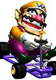 Wario racing in Mario Kart 64, characterized by his iconic purple kart and mischievous expression. Fast-paced gaming action!