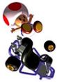 Toad celebrates a victory in Mario Kart 64, jumping happily next to his colorful kart and wheels.