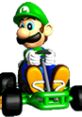 Luigi racing in Mario Kart 64, showcasing his iconic green outfit and sporty go-kart style. Fun and competitive gaming!