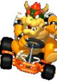 Bowser racing in a classic orange kart from Mario Kart 64, showcasing his fierce character and iconic design.