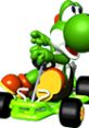 Yoshi racing in his iconic green kart from Mario Kart 64, excited and ready for the next race adventure.