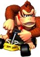 Donkey Kong races in Mario Kart 64, gripping the steering wheel with determination and excitement for high-speed fun.