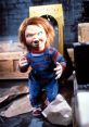 Chucky from Child's Play in blue overalls, showcasing his iconic look in a dark, eerie setting. Inspired by Angelo Nicotra's voice.