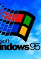 Logo of Microsoft Windows 95 featuring iconic multicolored design against a blue sky background. Retro computing nostalgia.