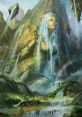 Gaia art from God of War 2, featuring a serene goddess with vibrant waterfalls and lush scenic landscapes.