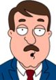 Tom Tucker from Family Guy, seasons 1-3, depicted with a surprised expression in a blue suit and red tie.