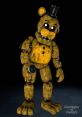 Withered Golden Freddy stands ominously, showcasing his worn appearance and eerie features in a dark environment.