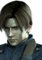 Leon Kennedy from Resident Evil 2, showcasing his intense expression and iconic blue jacket.