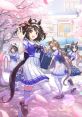 Cheval Grand from Uma Musume Pretty Derby joyfully waves amid cherry blossoms in a vibrant school setting.