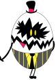 Egg Boiz character from Hazbin Hotel, featuring a quirky design with a black and white chevron pattern and a formal outfit.