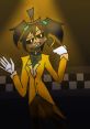 Cassidy from FNAF, in a vibrant yellow outfit, singing with a microphone under dramatic lighting. Fanmade character art.