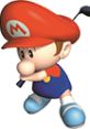 Baby Mario swings a golf club, showcasing his playful spirit in Mario Golf 64, ready for an adventurous game on the course.