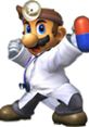 Dr. Mario in a lab coat, ready for battle in Super Smash Bros. Melee, holds a capsule, showcasing his unique gameplay style.