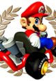 Mario racing in a go-kart with a laurel wreath background, celebrating his victory in Mario Kart: Super Circuit.