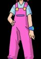 Erika from Medabots wearing pink overalls, a blue shirt, and a wrist device, showcasing her vibrant animated style.