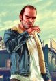 Trevor Philips, in a denim jacket with bloodstains, exudes a menacing aura in a vibrant gaming landscape.