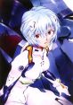 Rei Ayanami from NGE, featuring her iconic blue hair and pilot suit, alongside an Evangelion mech unit.