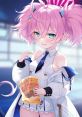 Yuragi Momoka from Blue Archive smiles, holding a snack pack, showcasing her playful character and vibrant pink hair.