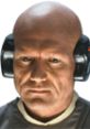 Close-up of Lobot from Star Wars, featuring his iconic bald head and cybernetic communications headset.