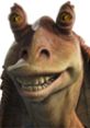 Close-up of Jar Jar Binks, the iconic Gungan character from Star Wars, showcasing his recognizable features and expressive grin.