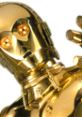 C-3PO waving, features shiny gold plating and expressive eyes, a beloved droid from the Star Wars universe.