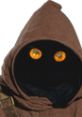 Close-up of a Jawa from Star Wars, featuring glowing orange eyes and a distinctive brown hooded robe.