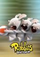 Three excited Rabbids from Rabbids Invasion cling to each other, preparing to launch a colorful beach ball in a playful scene.