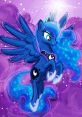 Princess Luna gracefully soars against a vibrant purple background, showcasing her enchanting wings and magical aura.