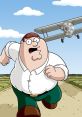 Peter Griffin runs from a plane in a humorous scene, showcasing his iconic clumsiness in a modern cartoon style.