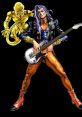 Akira Otoishi from JoJo's Bizarre Adventure, wielding a guitar with a stand in a dynamic pose against a black background.