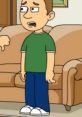 Sad animated character in a green shirt and jeans standing in a living room setting, reflecting Brian GoAnimate styles.