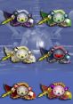 Colorful Brawl Meta Knight variants showcasing unique designs and weapons against a blue backdrop.