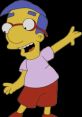 Milhouse Van Houten from The Simpsons, smiling and waving, in a pink shirt and red shorts, showcasing his playful personality.