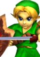 Young Link wielding a sword in Super Smash Bros. Melee, showcasing his iconic green tunic and shield readiness for battle.