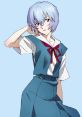 Ayanami Rei in a blue school uniform with a red bow, striking a thoughtful pose against a light blue background.