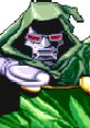 Dr. Doom in a classic pixel art style, showcasing his iconic green hood and metallic features from Marvel Super Heroes.