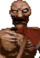 Pixelated zombie character with a menacing expression, featuring blood-like textures and eerie details.