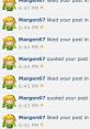 Activity notifications from Margen67 showing multiple likes and quotes on posts at different timestamps.