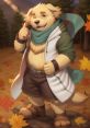 Cheerful CuSith character from Housamo, wearing a green scarf and shorts, surrounded by autumn leaves in a forest setting.