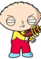 Stewie Griffin from Family Guy, brandishing a futuristic weapon in red overalls and a yellow shirt. Seasons 1 and 2.