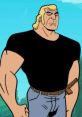 Brock Samson, muscular character with blonde hair and a black shirt, exuding strength and confidence in a vibrant setting.