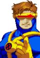 Cyclops from X-Men vs. Street Fighter, featuring iconic blue suit and visor, ready for action in classic pixel art style.