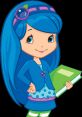 Blueberry Muffin from Berry Bitty Adventures smiles while holding a green book, showcasing her vibrant blue hair and outfit.