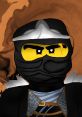 Cole Kirby from Ninjago with fierce expression, wearing a black mask and armor, against a dynamic orange backdrop.