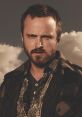 Jesse Pinkman in a rugged outfit against a cloudy backdrop, showcasing his intense character from the series.